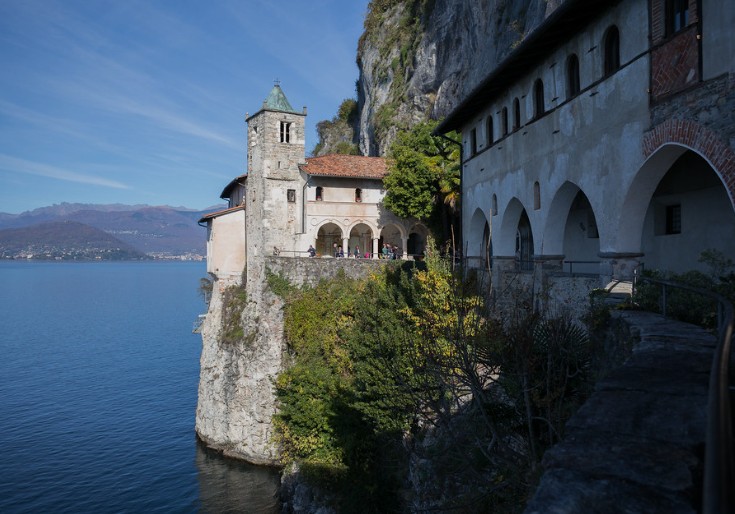 Side view of Santa Caterina del Sasso located on the shores of Lake Maggiore in Italy.